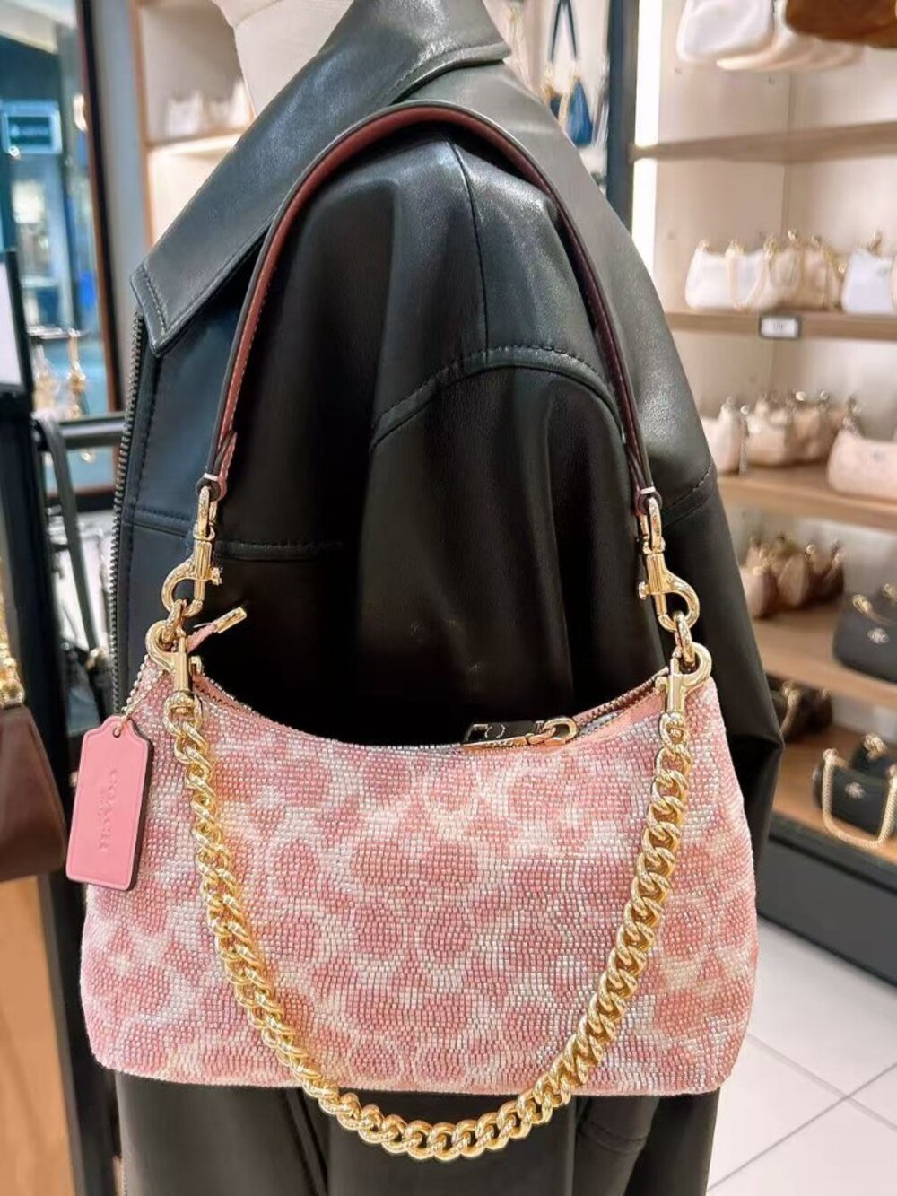 NWT Coach Teri Shoulder Bag In Signature Beaded Satin CET14 Pink